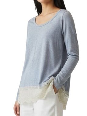 SOFT SURROUNDINGS Long-sleeved Tee w/ Lace at Hem Shirt in Blue Size XS